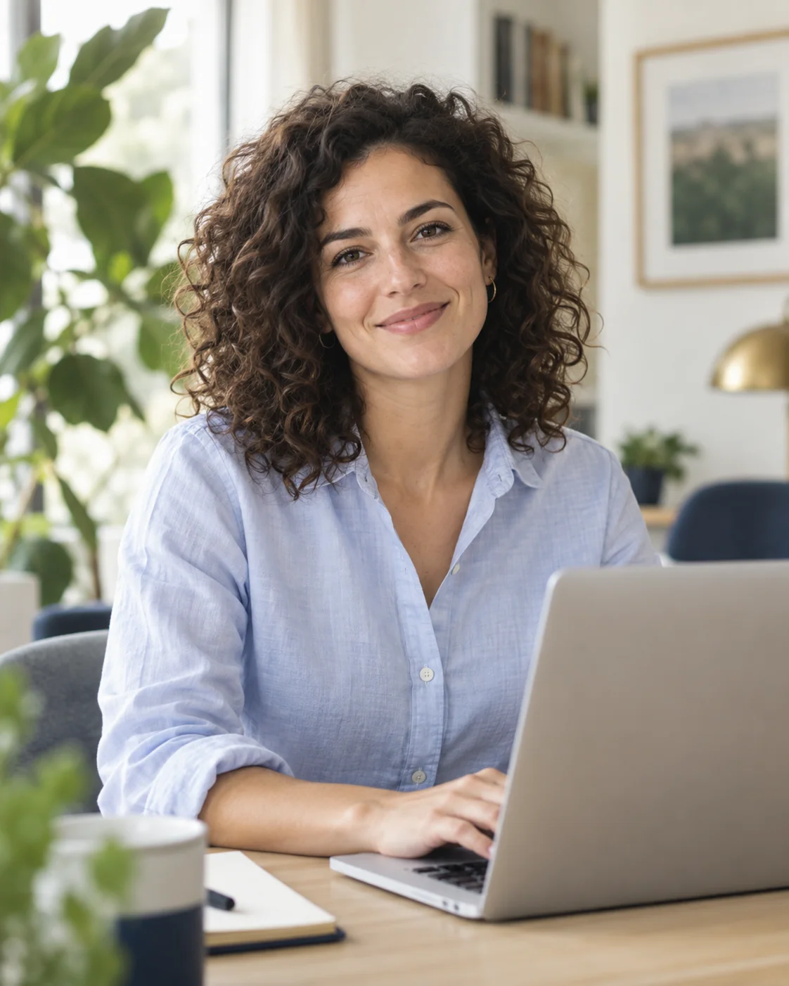 Une candidate prépare sa candidature sur son ordinateur, dans un espace de travail lumineux.